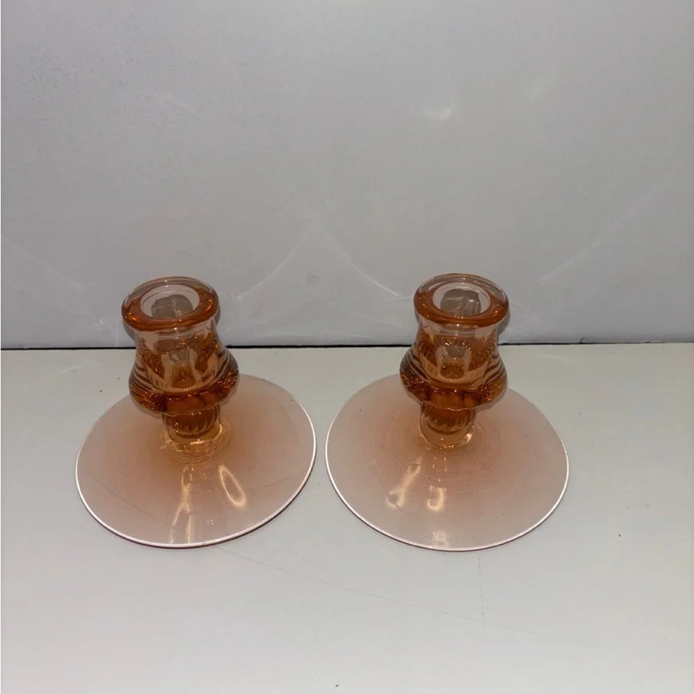 Vintage Heisey Glass Co Flamingo Pink Candle Holders